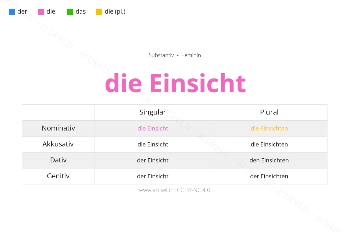 die Einsicht (жіночий рід) - Німецький артикль та відмінювання: називний, знахідний, давальний, родовий з прикладами