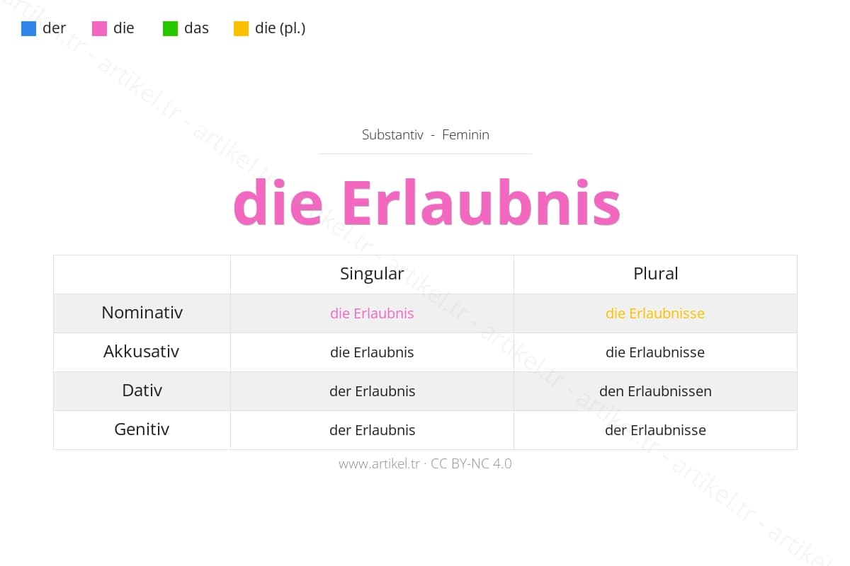 die Erlaubnis (femenino) - Artículo y declinación en alemán: nominativo, acusativo, dativo, genitivo con ejemplos