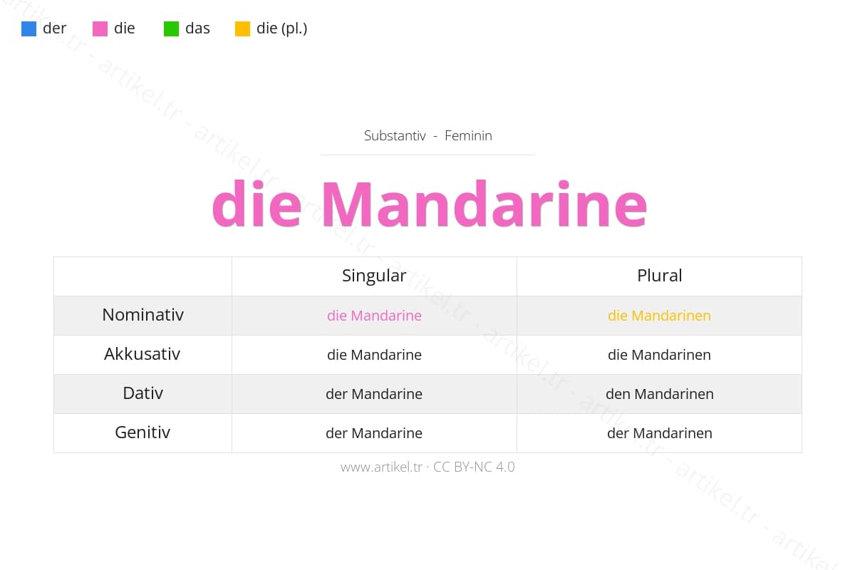 die Mandarine (femenino) - Artículo y declinación en alemán: nominativo, acusativo, dativo, genitivo con ejemplos